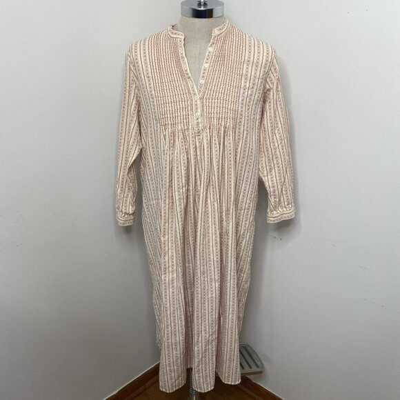 LL Bean Dobby Nightgown Flannel Pintuck Cotton Cottage Red Print Sleep Dress L